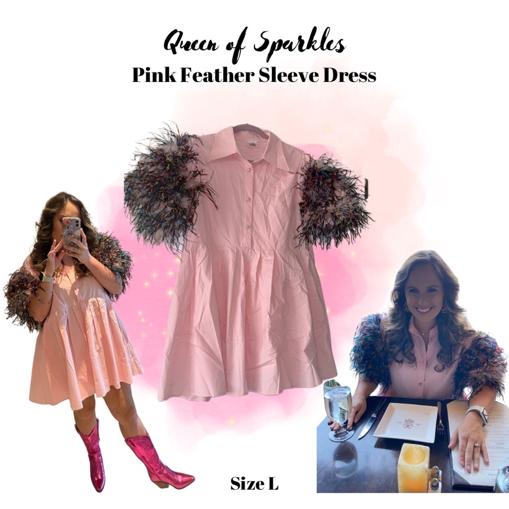 Queen of Sparkles Pink Feather Sleeve Dress
